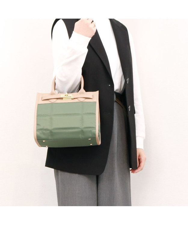 UNBILLION ペルケ perche / ナイロンキルト×クロコ型押し牛革2wayトートバッグS グリーン