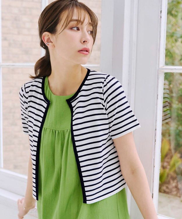 Tiaclasse L 【新色追加・洗える・UVケア・接触冷感】サマーニット半袖カーディガン ボーダー