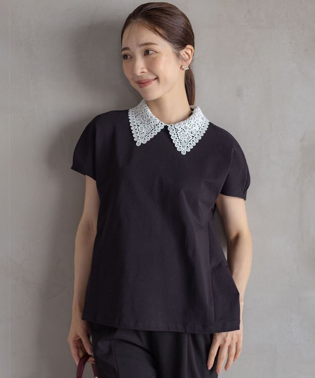 組曲 S 【2WAY】レース襟フレンチテリー カットソー ブラック系