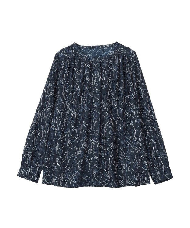 YECCA VECCA ラインフラワー柄ギャザーブラウス Navy