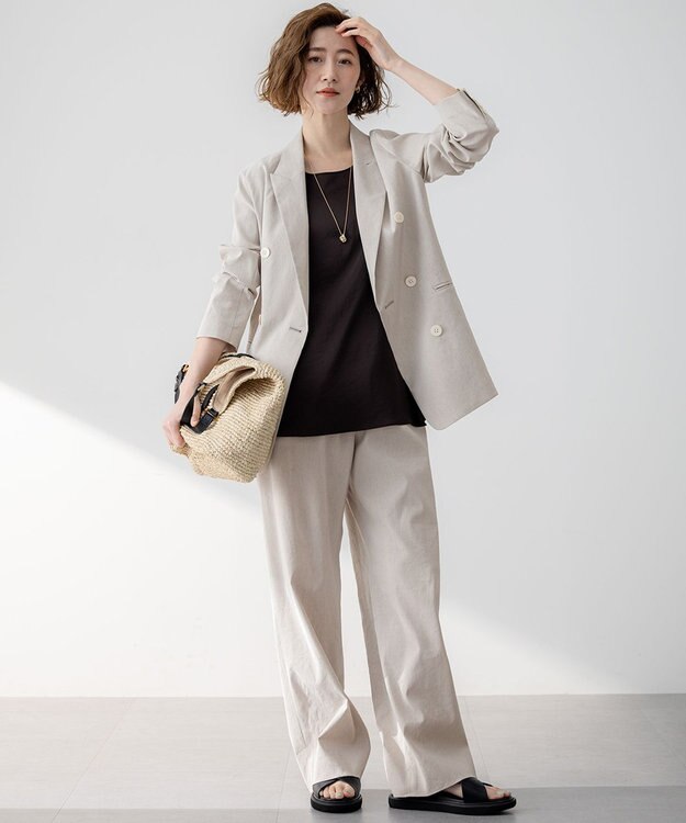 23区 【洗える】リネンレーヨンストレッチ ドロスト ワイド パンツ ベージュ系