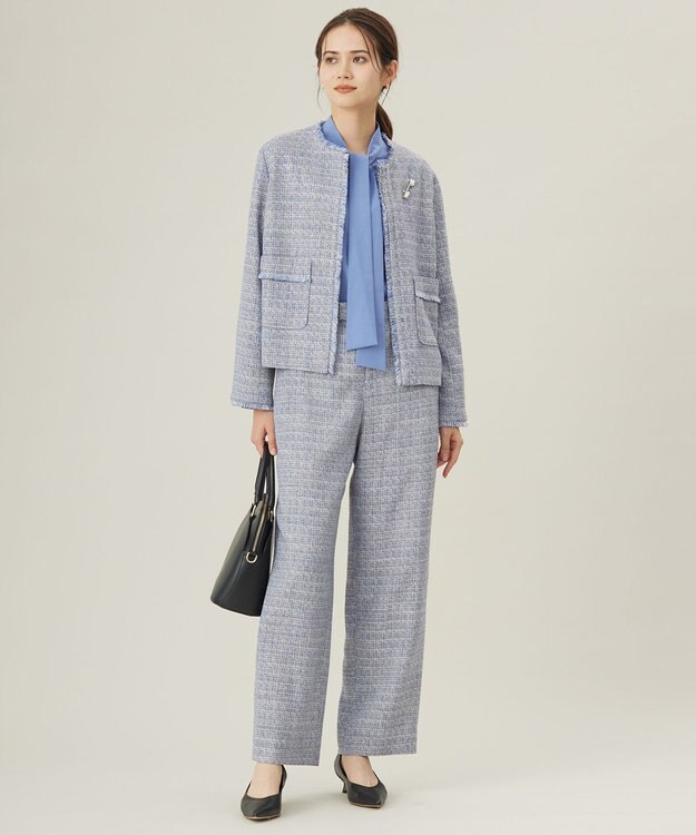 自由区 【洗える】ナチュラルタッチボウタイ ブラウス ライトブルー