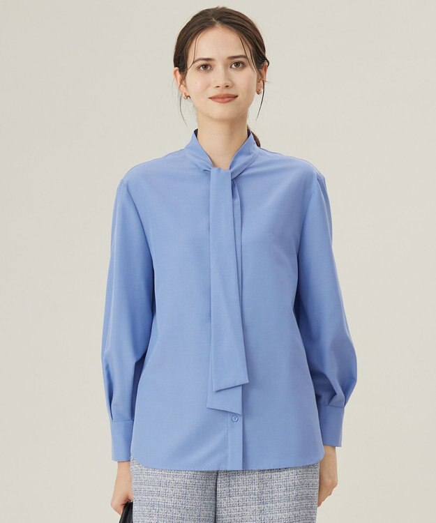 自由区 【洗える】ナチュラルタッチボウタイ ブラウス ライトブルー