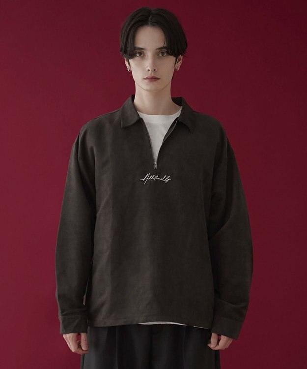 WEGO フェイクスウェードハーフZIPシャツ（LS） ブラック中濃色