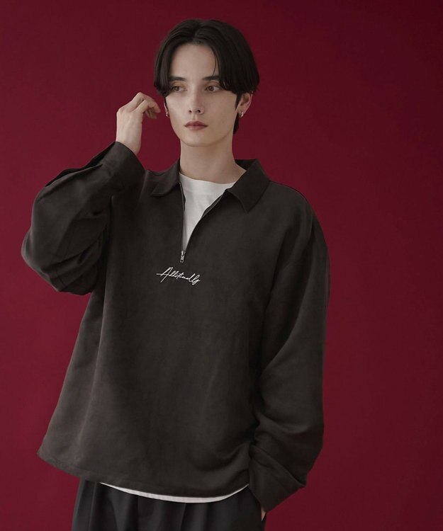 WEGO フェイクスウェードハーフZIPシャツ（LS） ブラック中濃色