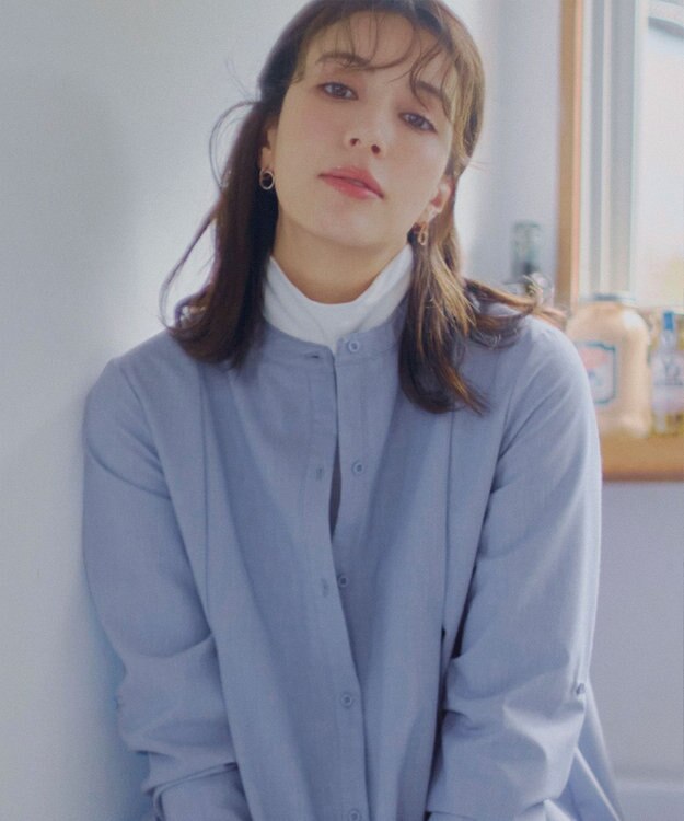 Tiaclasse 【洗える】-TiaBASIC-バンドカラーシャツチュニックブラウス ブルー