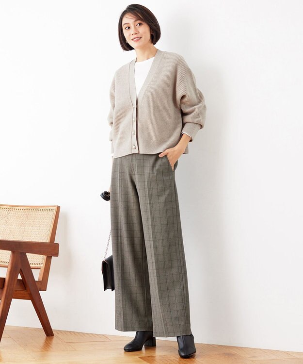 自由区 【洗える】ウールカシミヤブレンドラメスパンコールニット カーディガン ベージュ×ゴールド