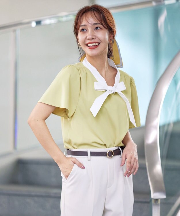 Tiaclasse 【洗える】配色リボンタイブラウス ライム