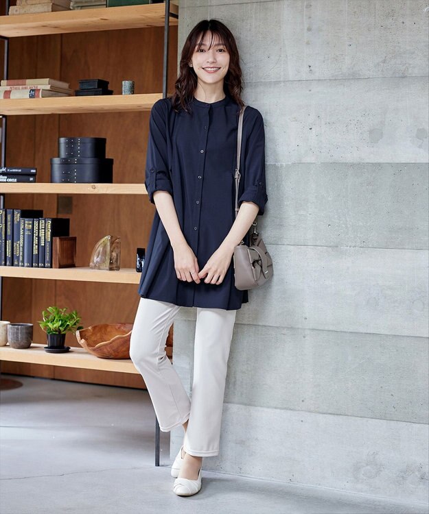 Tiaclasse 【洗える】-TiaBASIC-バンドカラーシャツチュニックブラウス ネイビー