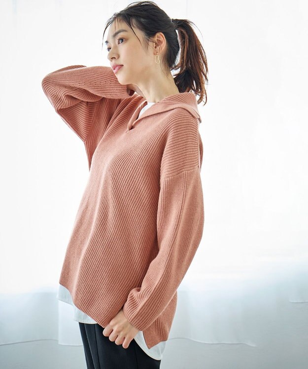 ANY ウールブレンドスキッパーネックニット コーラル