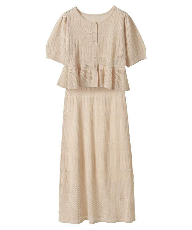 earth music&ecology ＳＥＴ２点レース編みペプラムカーデ＋スカート Light Beige