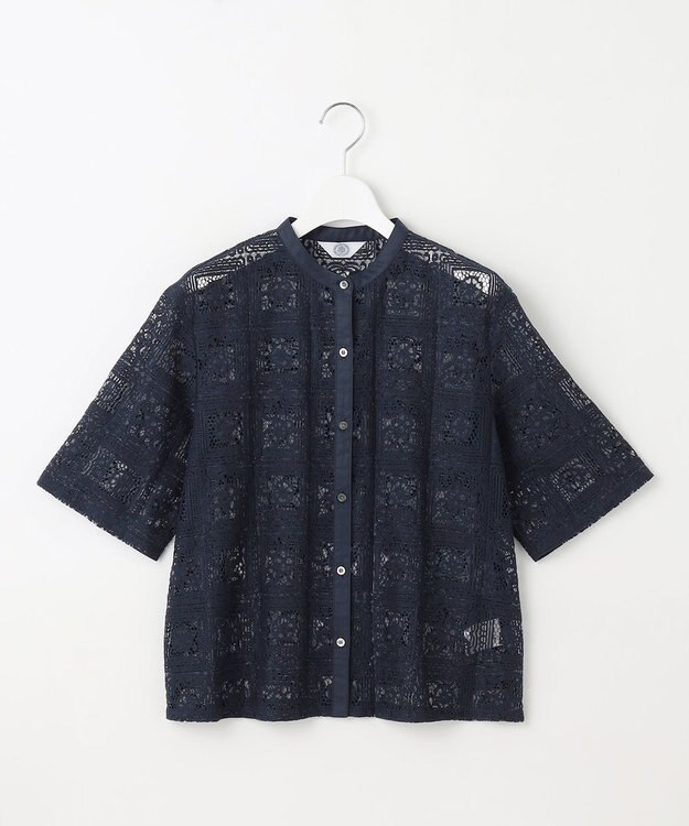 J.PRESS LADIES 【洗える】モザイクレース ハーフスリーブ ブラウス ネイビー系