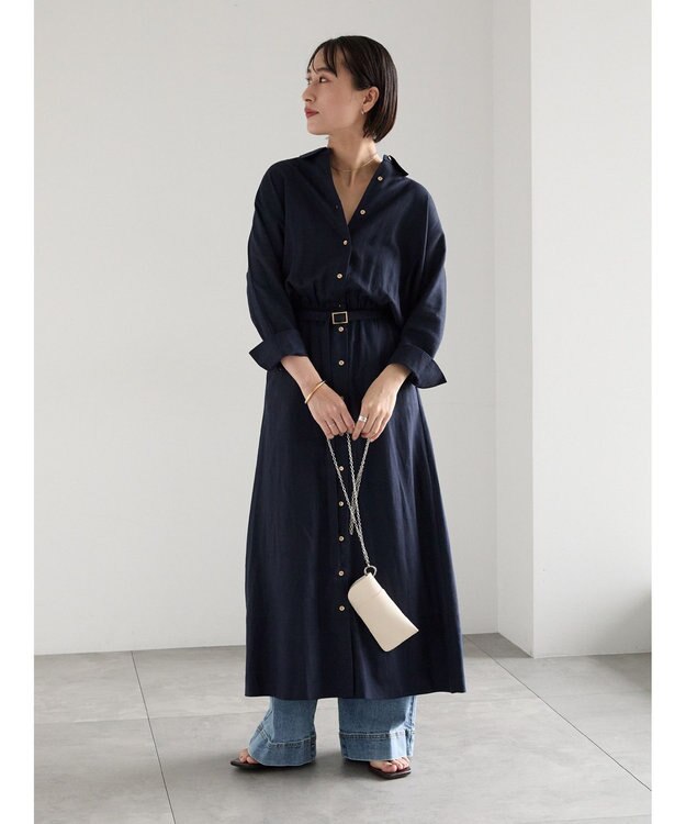 Te chichi レーヨンリネン共ベルトシャツワンピース ネイビー