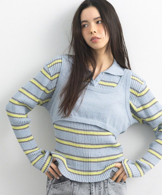 CRAFT STANDARD BOUTIQUE 2点セット/ベスト＋ハーフボタンリブニットトップ Light Blue