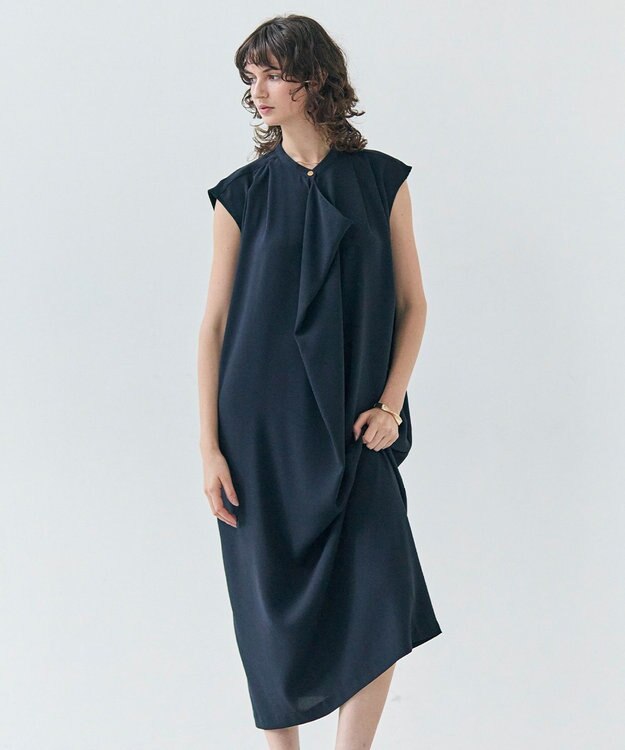 BEIGE， 【洗える】FLEUR / フロントドレープノースリーブドレス Navy