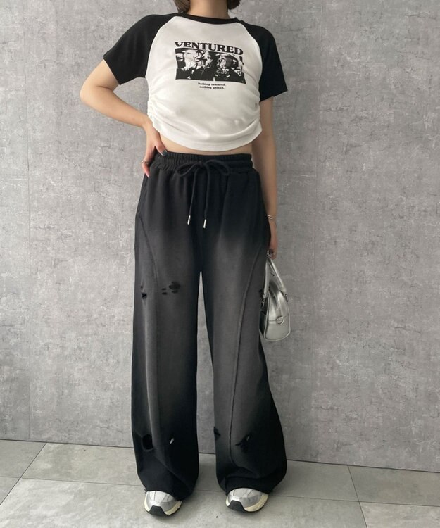 WEGO 【ウエストゴム】ヴィンテージウォッシュスウェットワイドパンツ ブラック