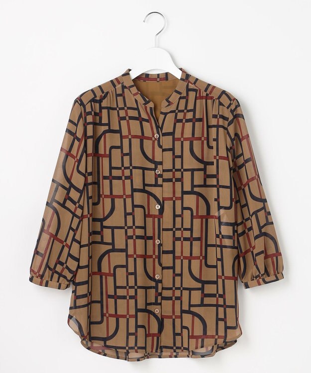 自由区 ジオメトリックレトロプリント ブラウス ベージュベース