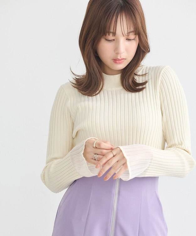 earth music&ecology シアースリーブリブハイネックプルオーバー Ivory