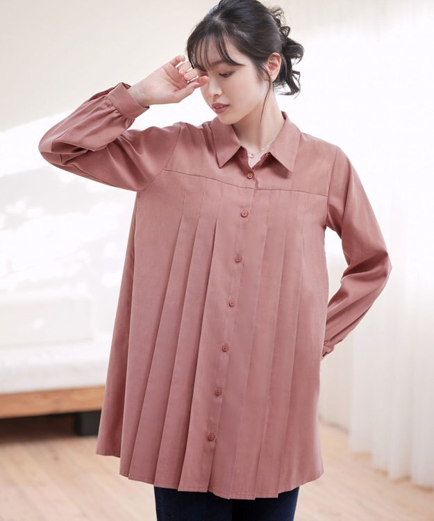 Tiaclasse L ピーチスキンプリーツシャツチュニック ピンク