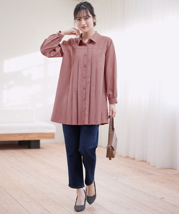 Tiaclasse L ピーチスキンプリーツシャツチュニック ピンク