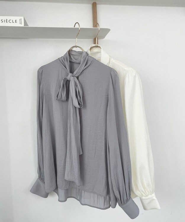 Feroux 【洗える】リボンタイ ブラウス スカイブルー系