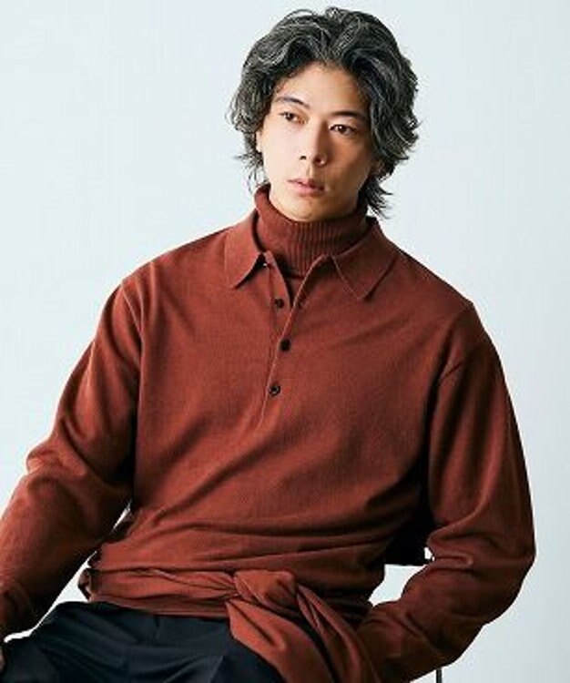 UNFILO MENS ライトウォーム ニットポロ ブラウン