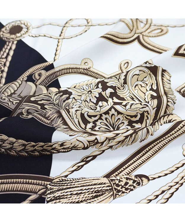 Marca ＜春の新作！＞【伝統横濱スカーフ】ビッグタッセル&鞍（FET-056） 小判 シルクツイル スカーフ ベージュxブラック