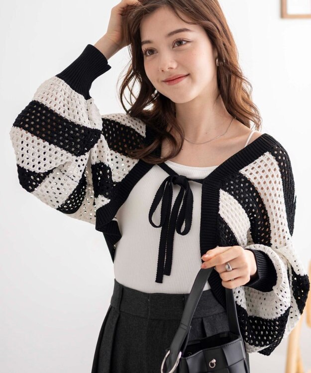 WEGO 【紫外線対策/手洗い可】メッシュリボンボレロ ブラックボーダー