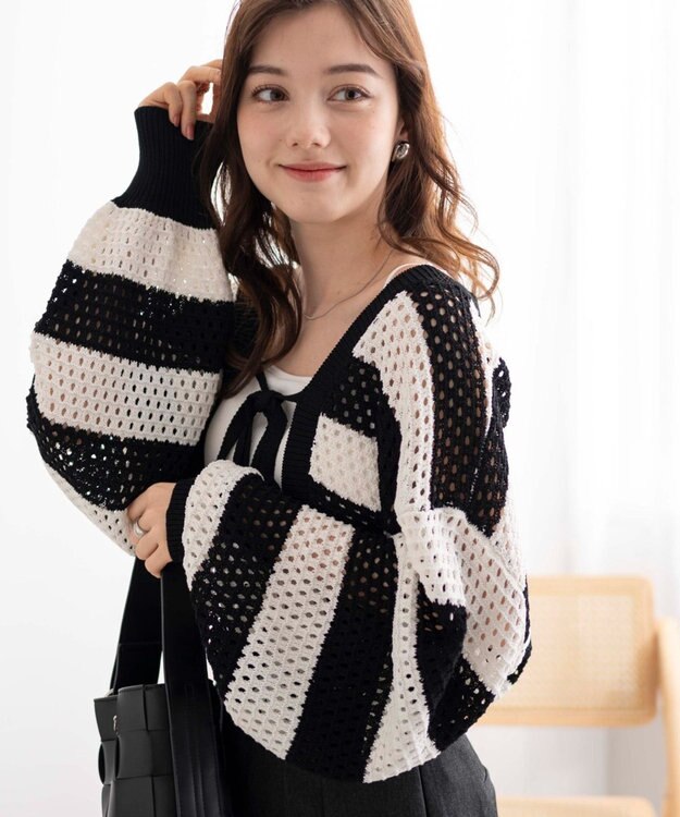 WEGO 【紫外線対策/手洗い可】メッシュリボンボレロ ブラックボーダー