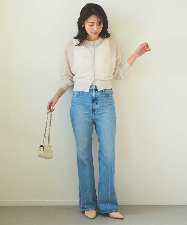 Feroux 【洗える】シアーカラー カーディガン ライトグレー系