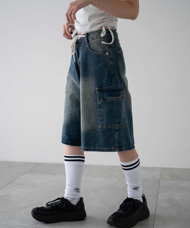 WEGO ドロストカーゴハーフパンツ デニム中濃色