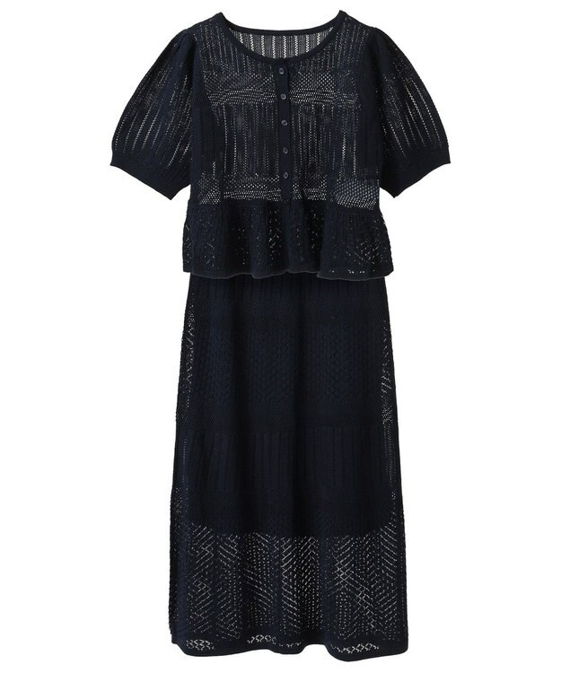 earth music&ecology ＳＥＴ２点レース編みペプラムカーデ＋スカート Navy