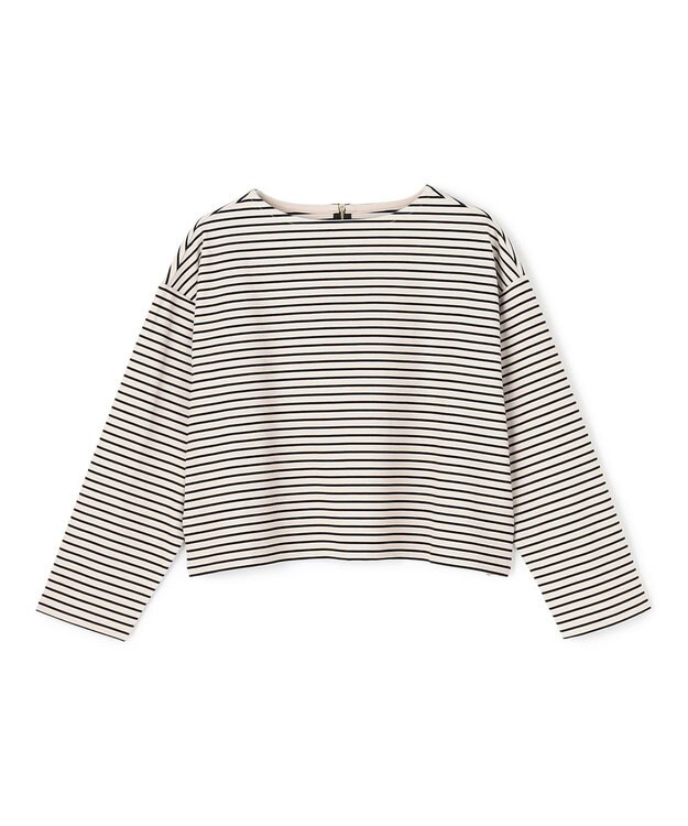 UNFILO ドライタッチリブ バックZIP ボーダートップス ベージュ×ブラック