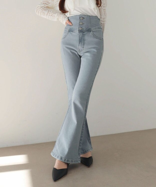 WEGO 【ストレッチ/美脚/脚長シルエット/XSSMサイズ展開】ハイウエストストレッチフレアデニムパンツ デニム淡加工色