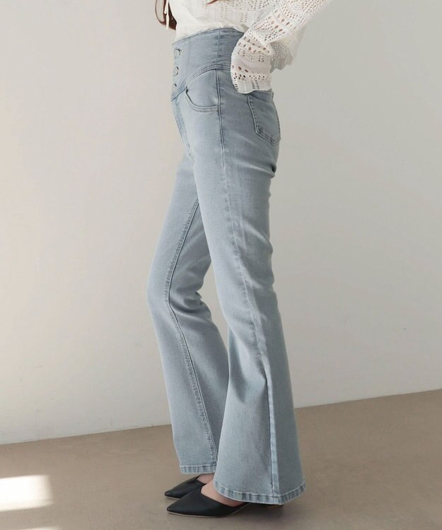 WEGO 【ストレッチ/美脚/脚長シルエット/XSSMサイズ展開】ハイウエストストレッチフレアデニムパンツ デニム淡加工色