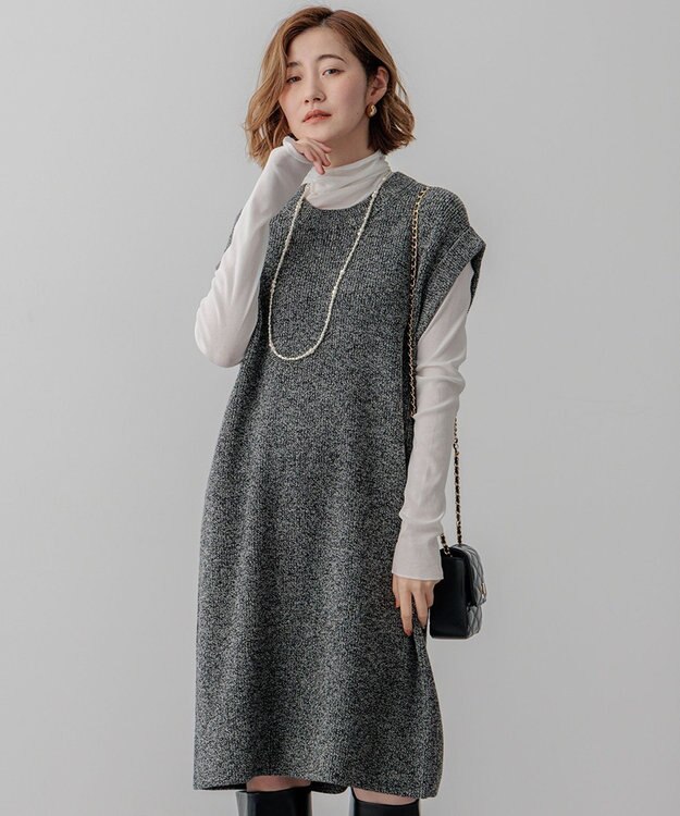 23区 【SLOW/一部店舗限定】ニットトータル スリーブレス ワンピース オフ×ブラック杢