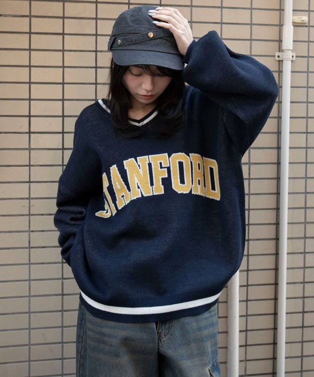 WEGO VネックグラフィックニットBIGプルオーバー ネイビー