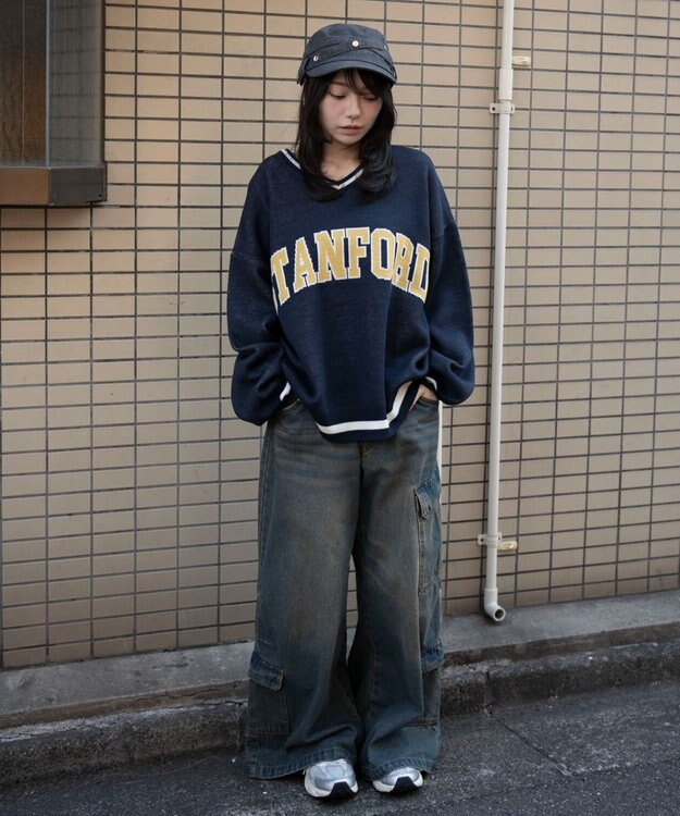 WEGO VネックグラフィックニットBIGプルオーバー ネイビー