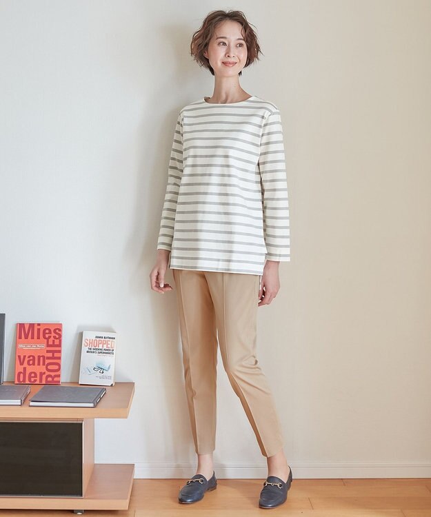 自由区 L 【洗える】コットンボーダー ボートネックカットソー モスグリーン系1