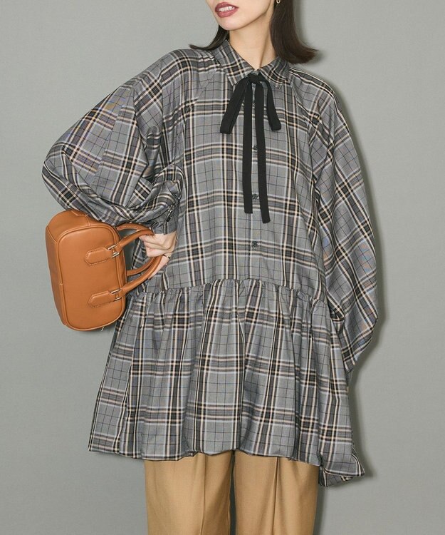 Green Parks ボウタイリボン付裾バルーンシャツワンピース