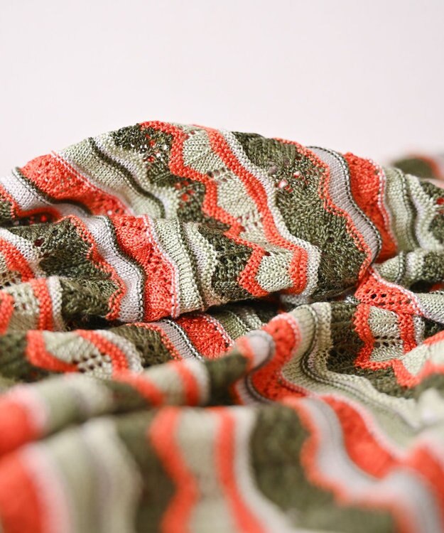 muuc 〈高品質シルク100%〉〈通年着られる〉袖リブあり シェルボタン使用 透かしレース編み シルクマルチボーダーカーディガン グリーンオレンジ