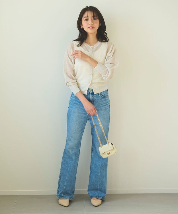 Feroux 【洗える】シアーカラー カーディガン ライトグレー系