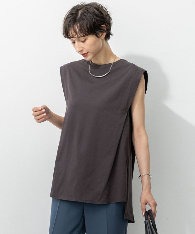 23区 L 【洗える】コンパクトヤーン フレアデザイン ノースリーブ カットソー ブラウン系