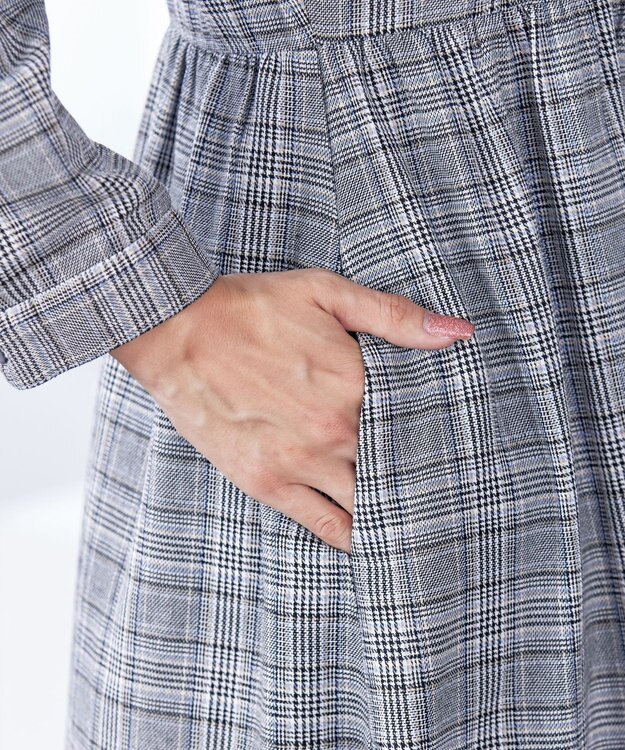 Tiaclasse 【洗える】バンドカラーチェック柄シャツワンピース グレー