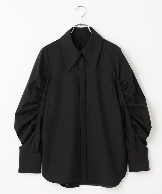 #Newans 【アイロンいらず】尖り襟ギャザースリーブブラウス ブラック
