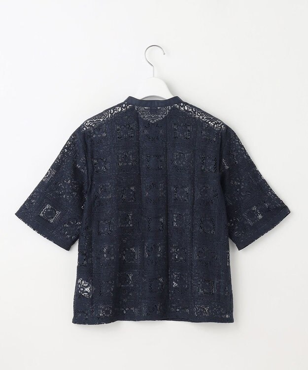 J.PRESS LADIES 【洗える】モザイクレース ハーフスリーブ ブラウス ネイビー系