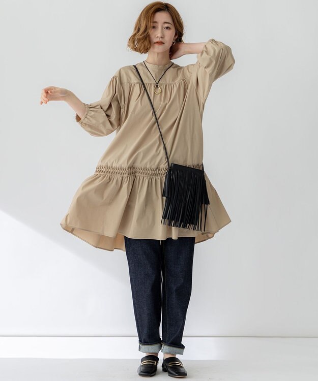 23区 L 【洗える】コンパクトライトクロス ピンタック チュニックワンピース ベージュ系