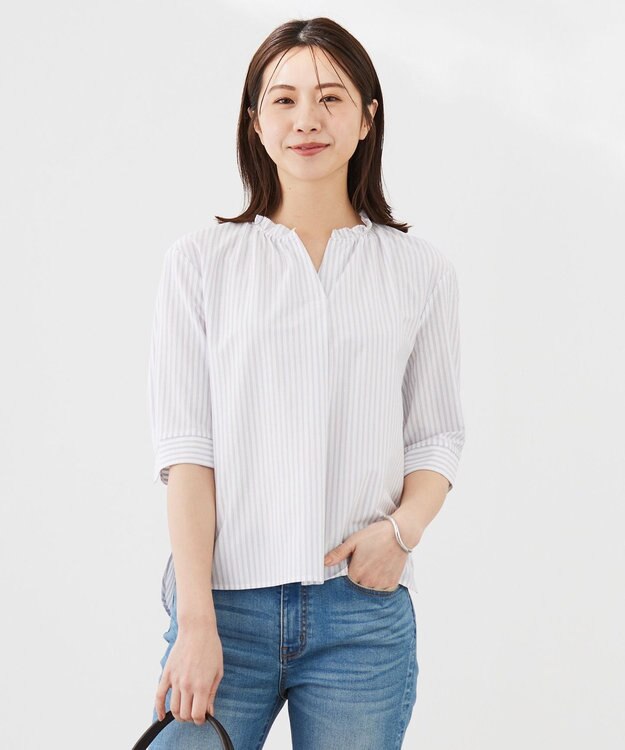 J.PRESS LADIES L ストライプジャージー フリル襟 カットソー ふじ色系1