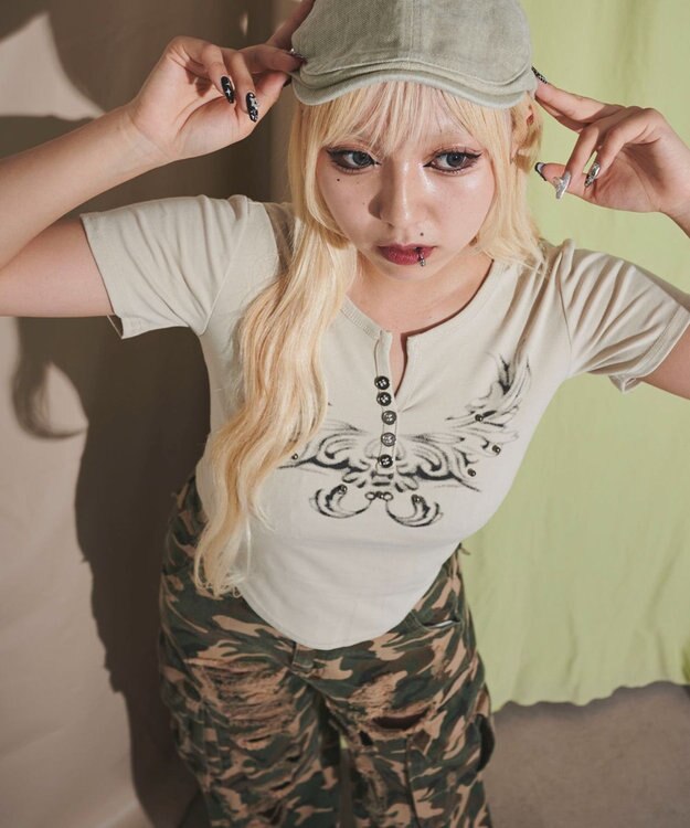 WEGO ヘンリーネックドームスタッズT ベージュ