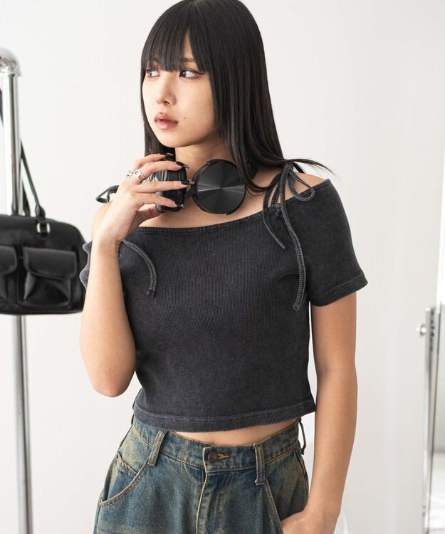 WEGO ヴィンテージウォッシュオフショルちびT スミクロ